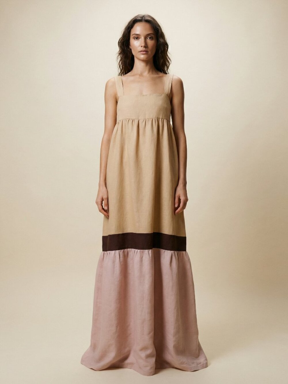 Elegant Tan and Purple Maxi Dress